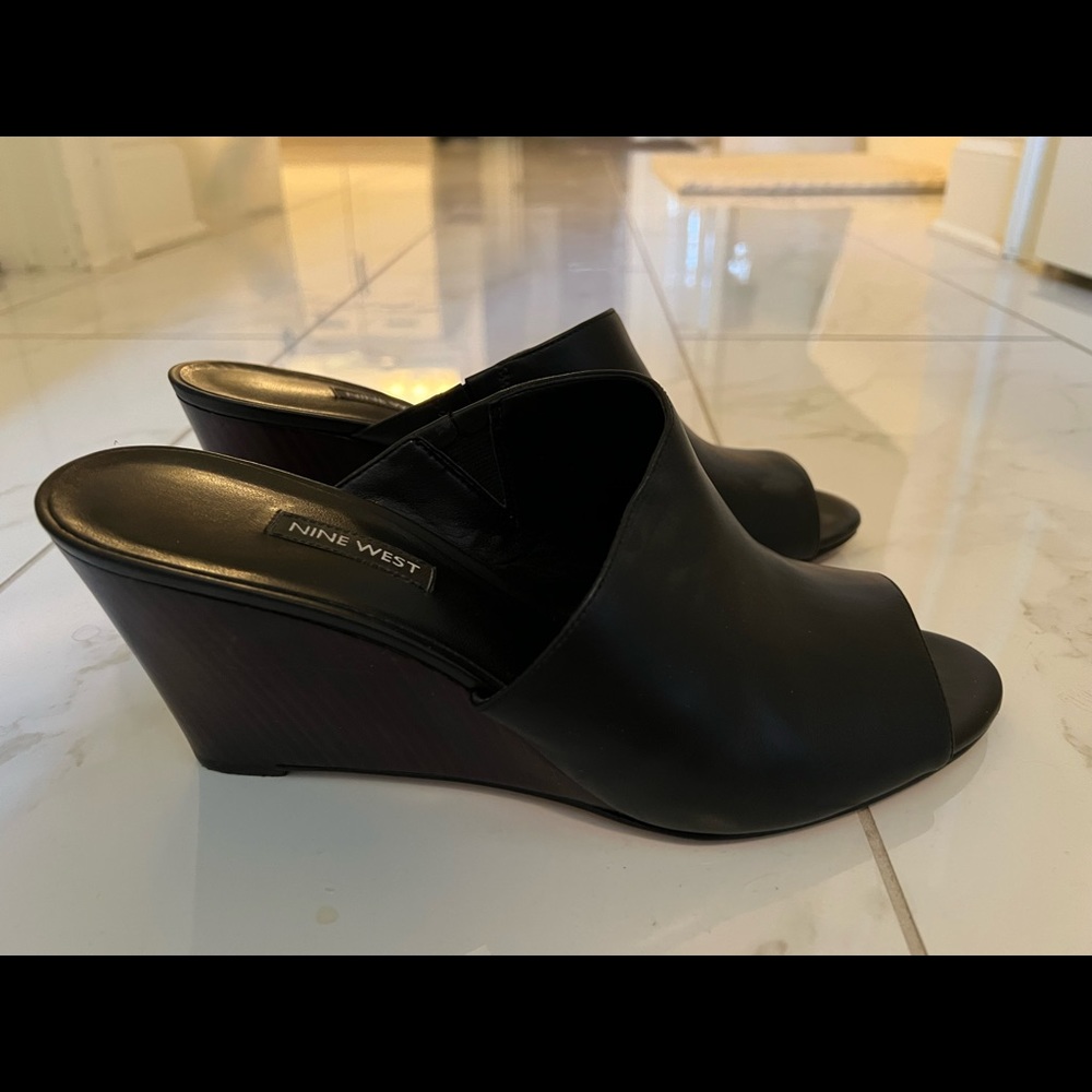 Faux leather and wood slip on wedges